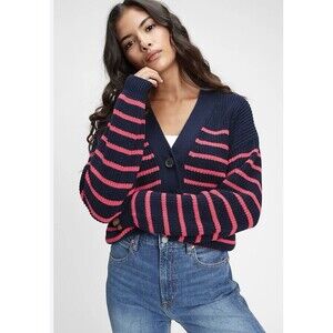 GAP Button-Front Cardigan Navy Blue Pink Striped